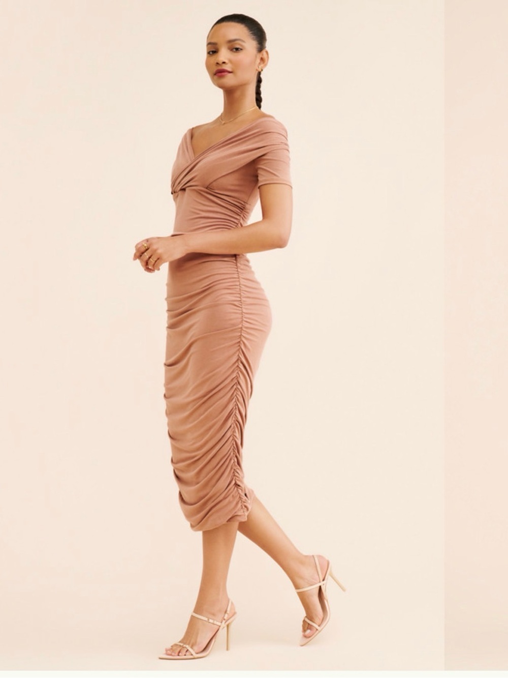 Anthropologie Ruched V-Neck Midi Dress in Dusty Rose